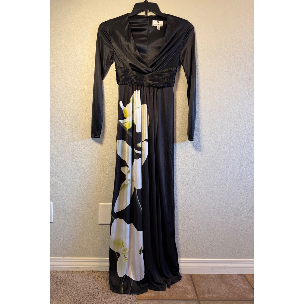 Altuzarra for Target Black Satin Floral Orchid Maxi Dress Long Sleeve Size 4